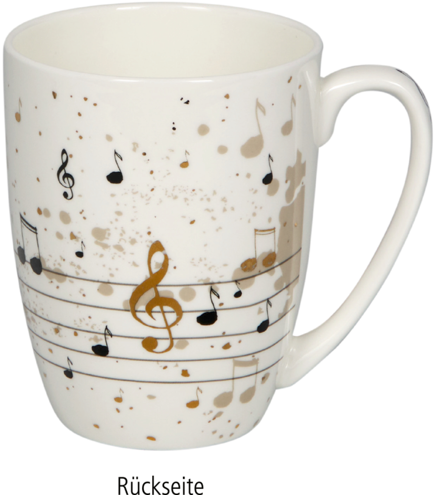 Weiße Tasse mit schwarzen und goldenen Noten sowie einem Violinschlüssel auf gesprenkeltem Untergrund.