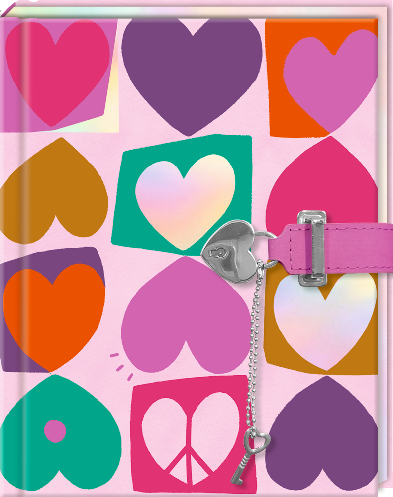 Farbenfrohes Tagebuch mit Herzmotiven, rosa Riemen, silbernem Herzschloss und Peace-Zeichen auf dem Cover.
