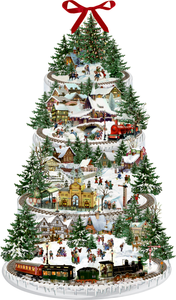 Mehrstöckiger Weihnachtsbaum mit verschneitem Dorf, festlich geschmückten Menschen und Zügen, die sich um jede Etage winden.
