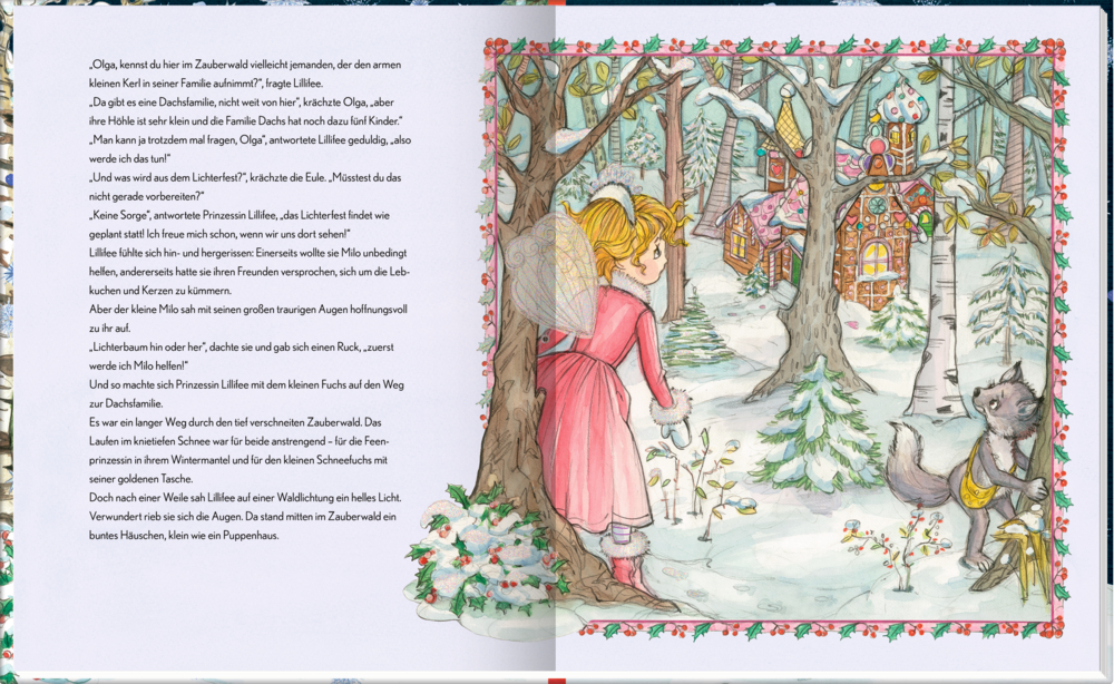 Auf einer Doppelseite mit  Text, treffen sich ein Feenmädchen und ein Waschbär in einem verschneiten Wald mit bunten Lebkuchenhäusern zwischen den Bäumen.