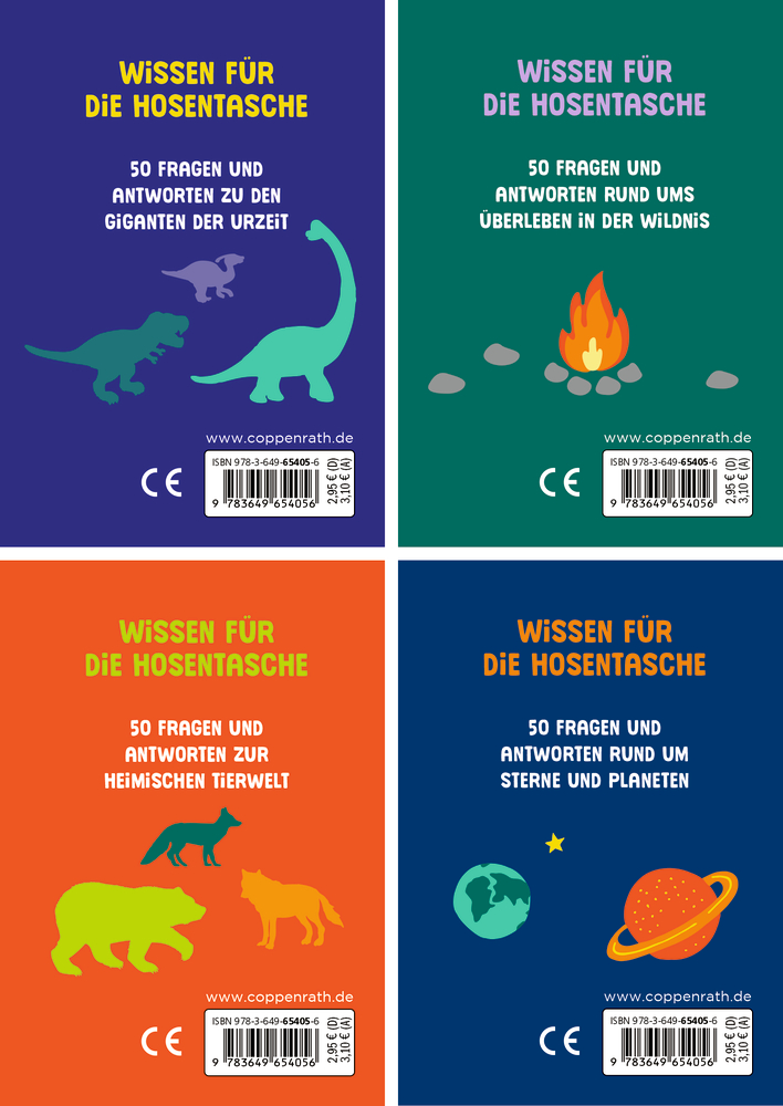Vier farbige Buchrückseiten mit den Titeln „Wissen für die Hosentasche“ und Illustrationen von Dinosauriern, Lagerfeuer, Tieren und Planeten.