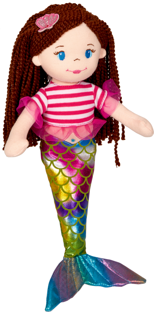 Plüschige Meerjungfrauenpuppe mit braunem Haar, gestreiftem Hemd und einem glänzenden, regenbogenfarbenen Schwanz.