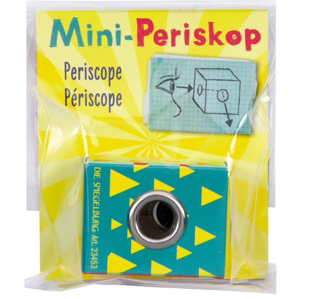 Kleines Periskop mit türkisfarbenem Gehäuse und gelben Dreiecken in bunter Verpackung mit gelbem Hintergrund.