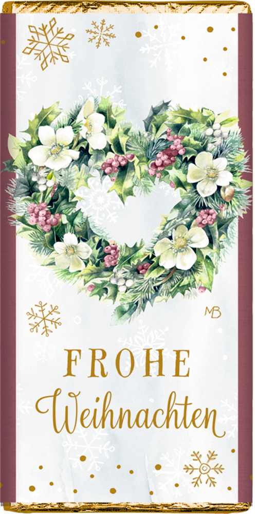 Schokoladentafel mit weihnachtlicher Verpackung, Herzkranz aus Blättern und Beeren, goldene Schneeflocken und Text „Frohe Weihnachten“.
