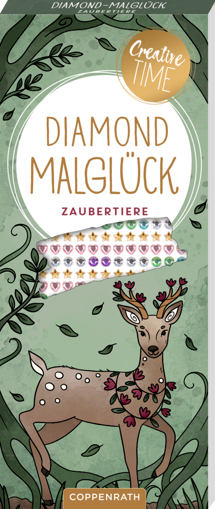 Malbuch-Cover „Diamond Malglück Zaubertiere“ mit bunten Steinchen und gezeichnetem Reh mit Blumen und Zweigen.
