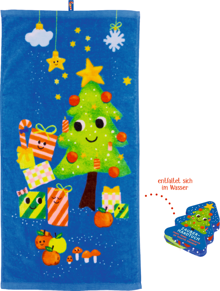 Blaues Handtuch mit Weihnachtsbaum, Geschenken, Sternen und lachenden Gesichtern, daneben die gepresste Form des Handtuchs in Tannenbaumform.