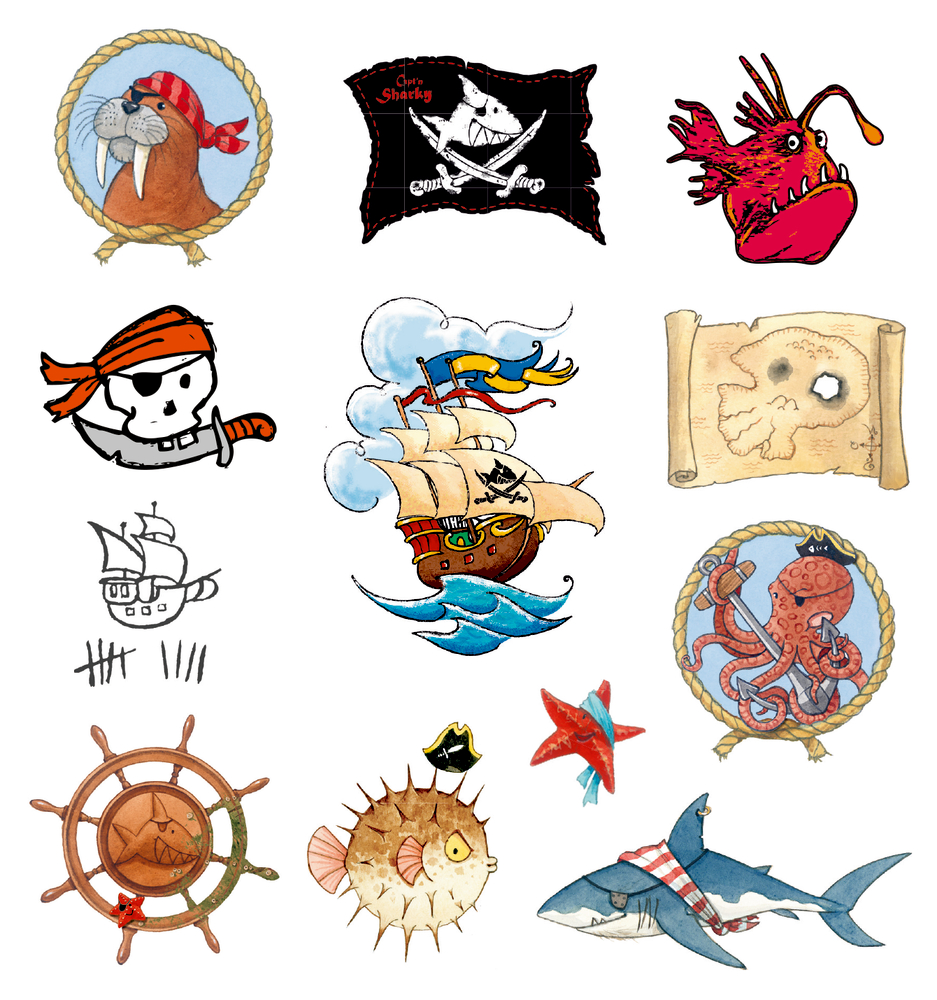 Bunte Cartoon-Illustrationen von Tieren, Schiffen und Symbolen mit Piratenmotiven.