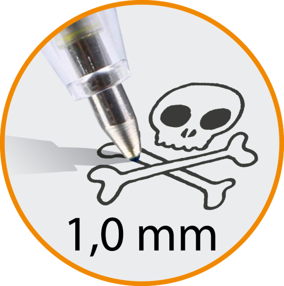 Kugelschreiberspitze über schwarzer Totenkopfzeichnung mit gekreuzten Knochen und Text "1,0 mm".