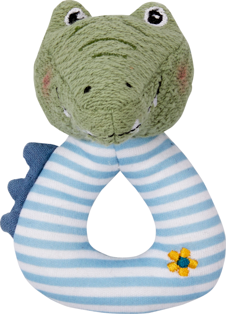 Plüschige Babyrassel in Form eines grünen Krokodils, mit blau gestreiftem Körper und gestickter gelber Blume.