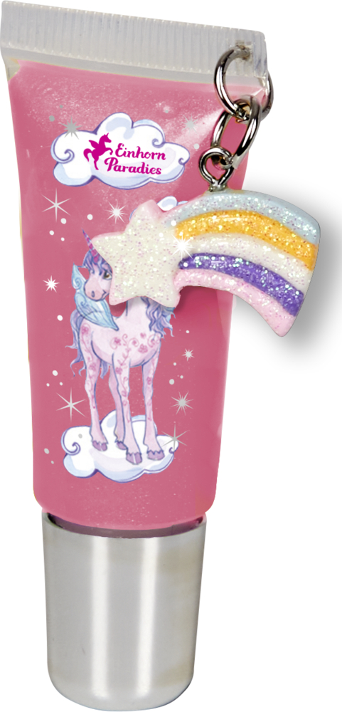 Rosa Lipgloss-Tube mit Einhornmotiv und einem Sternschnuppenanhänger, der an der Kappe hängt.
