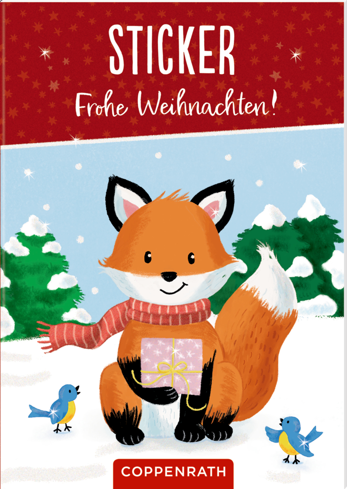 Fuchs mit Schal hält ein Geschenk, umgeben von Vögeln und Schnee, darüber steht „Frohe Weihnachten!“.