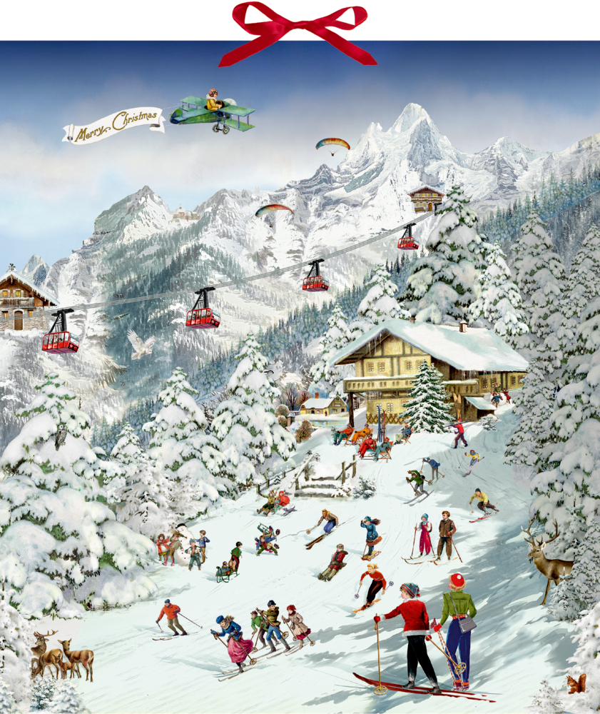 Winterlandschaft mit schneebedeckten Bergen, Skifahrern und Rodlern vor einem Chalet, Seilbahn und roter Schleife am oberen Bildrand.