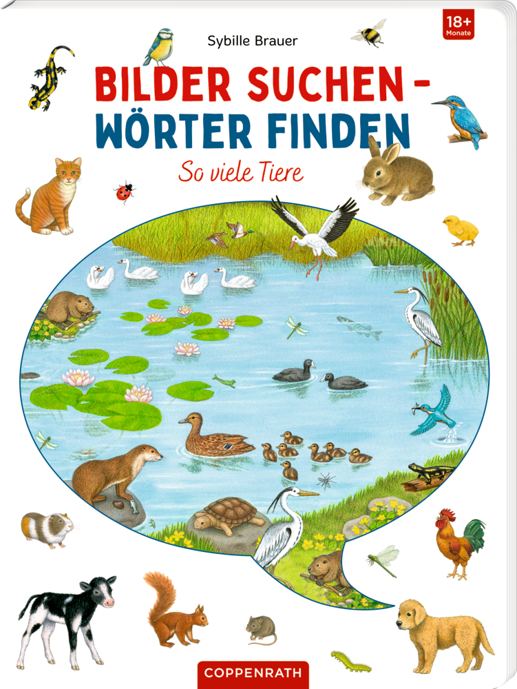 Buchcover auf dem sich Tiere um einen Teich versammeln und mit dem Titel "Bilder suchen – Wörter finden: So viele Tiere".