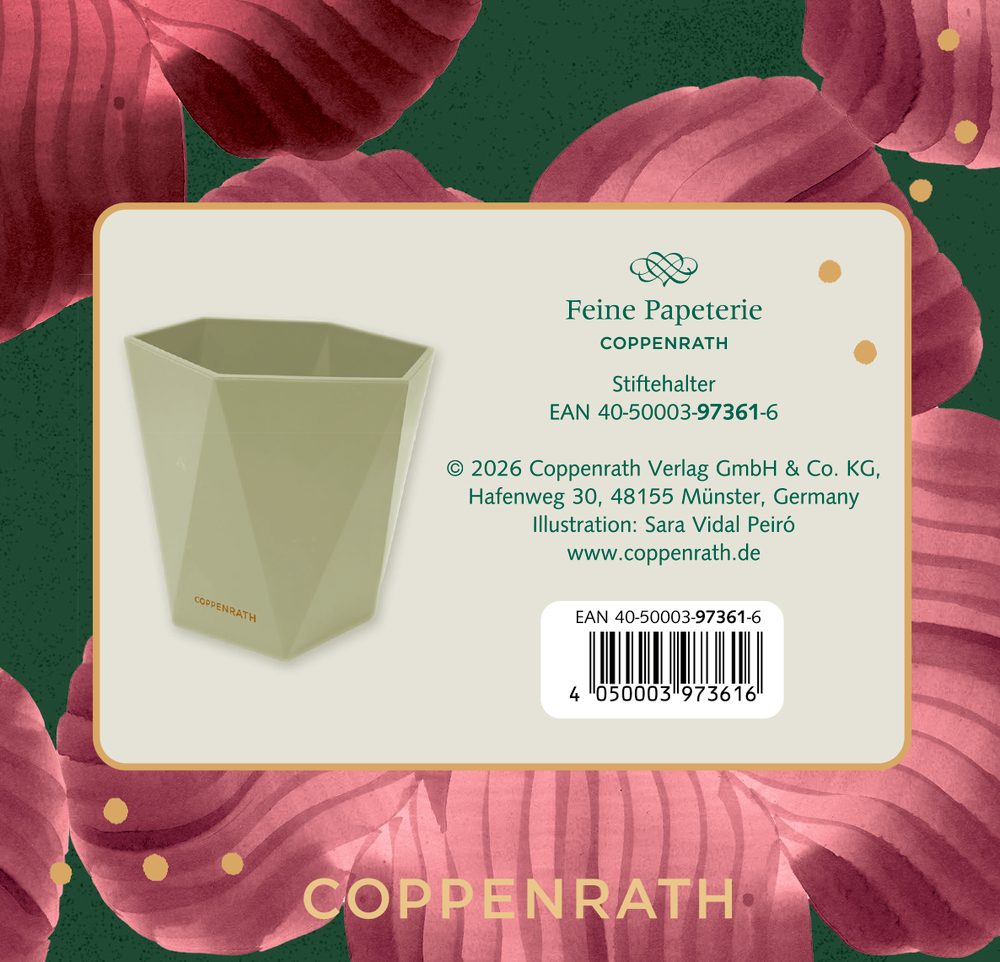 Sechseckiger, hellgrüner Stiftehalter mit geometrischer Struktur, Verpackung mit Herstellerangaben und EAN-Code.