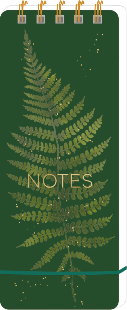 Grüner Spiralnotizblock mit Farnmotiv, goldenen Punkten und dem Wort „NOTES“ auf dem Deckblatt.