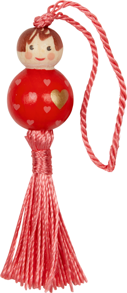 Rote Holzperlenpuppe mit Herzmotiven, einer rosafarbenen Quaste und Schlaufe zum Aufhängen.