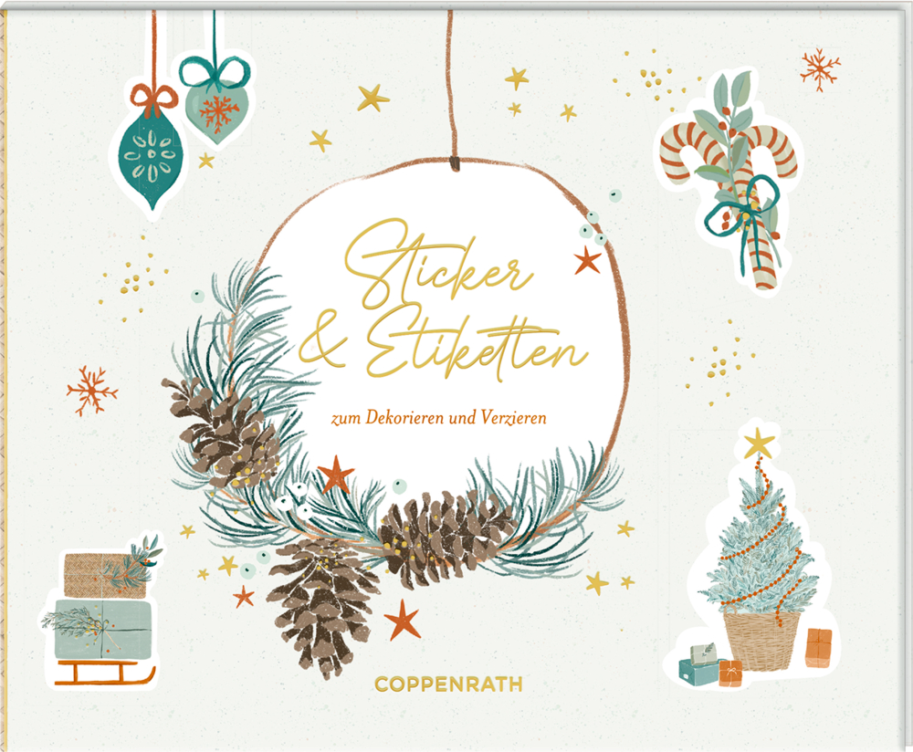 Festlicher Aufkleber mit Tannenzapfen, Kugeln, Zuckerstangen, Geschenken und geschmücktem Baum auf Weiß.