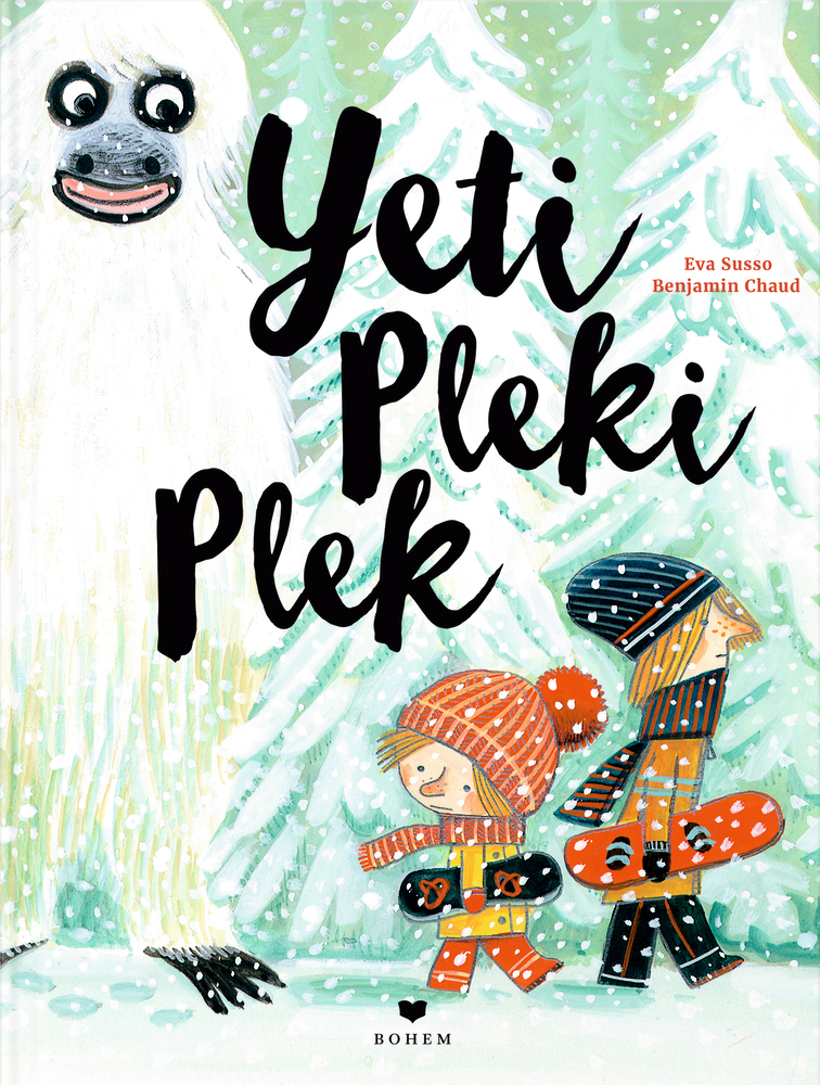Zwei Kinder in Winterkleidung treffen in einem verschneiten Wald einen freundlichen Yeti. Buchcover: „Yeti Pleki Plek“.