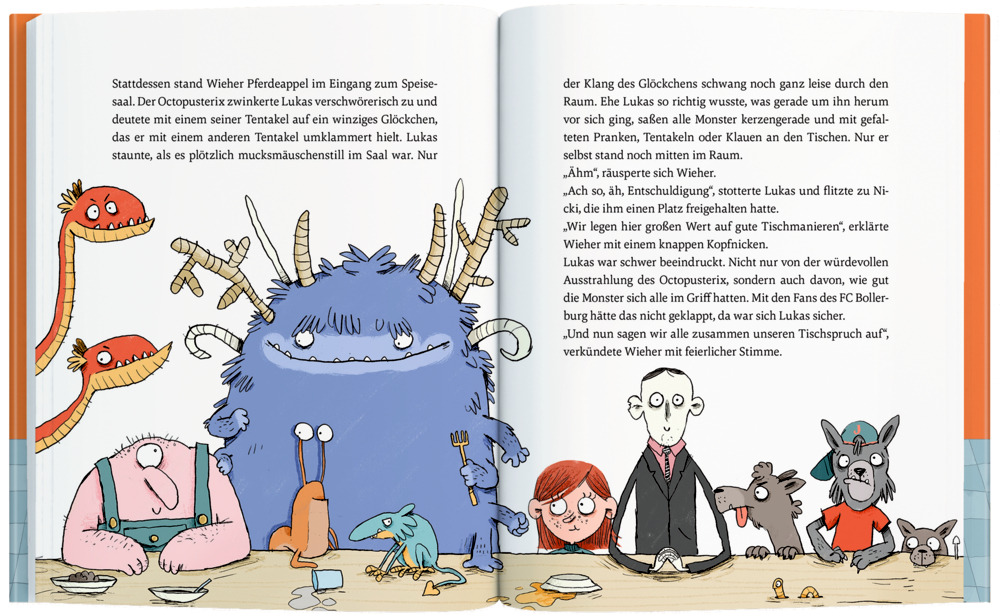 Ein blaues, pelziges Monster und verschiedene Kreaturen gesellen sich in einem Klassenzimmer zu überraschten Kindern und Tieren.
