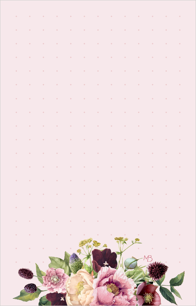 Rosa Hintergrund mit feinem Punktmuster und floraler Illustration aus bunten Blüten und Blättern am unteren Rand.