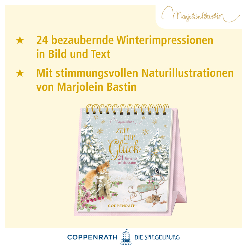 Tischkalender mit Spiralbindung und Winterillustration mit verschneiten Tannen, Schlitten, Eichhörnchen und Maus auf dem Cover.