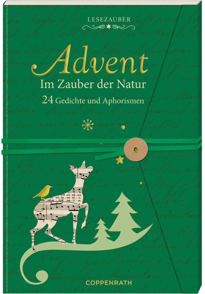 Grüner Bucheinband mit Hirsch, Baum, Vogel mit dem Titel: „Advent Im Zauber der Natur.“.
