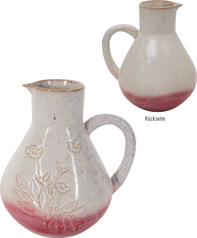 Vorder- und Rückansicht eines creme-weißen Keramikkrugs mit dezenter Blumengravur und rosarotem Boden.