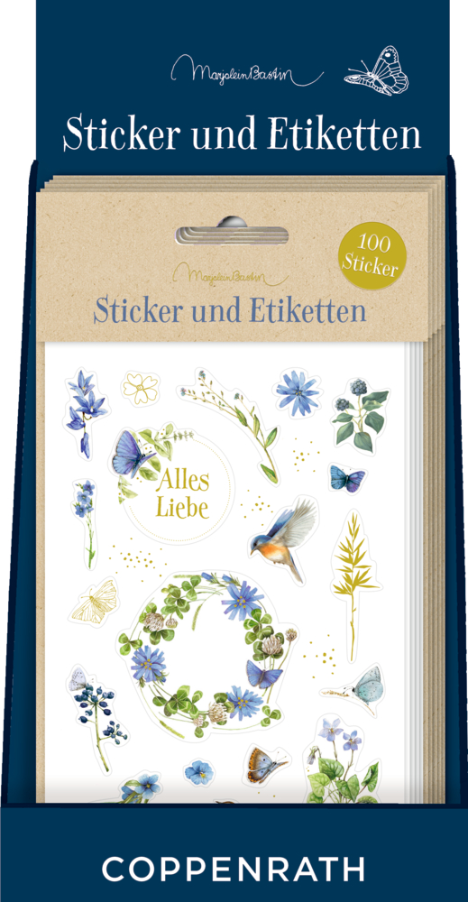 Verschiedene Blumenaufkleber mit gelben und violetten Blüten, Blättern, einer Libelle und dem Text „Viel Glück“.