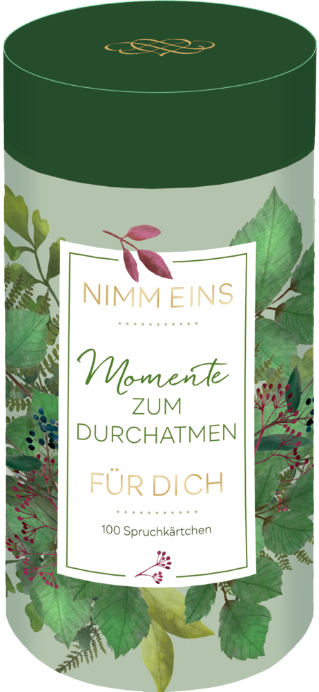 Zylindrische Dose mit grünem Deckel, Blattmuster und der Aufschrift „Nimm eins – Momente zum Durchatmen – Für dich – 100 Spruchkärtchen“.