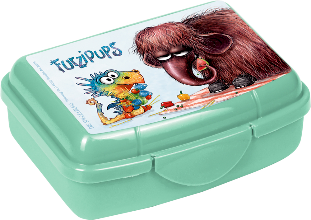 Mintgrüne Lunchbox mit Furzipups und Mammut beim Essen, Schriftzug Furzipups auf dem Deckel.