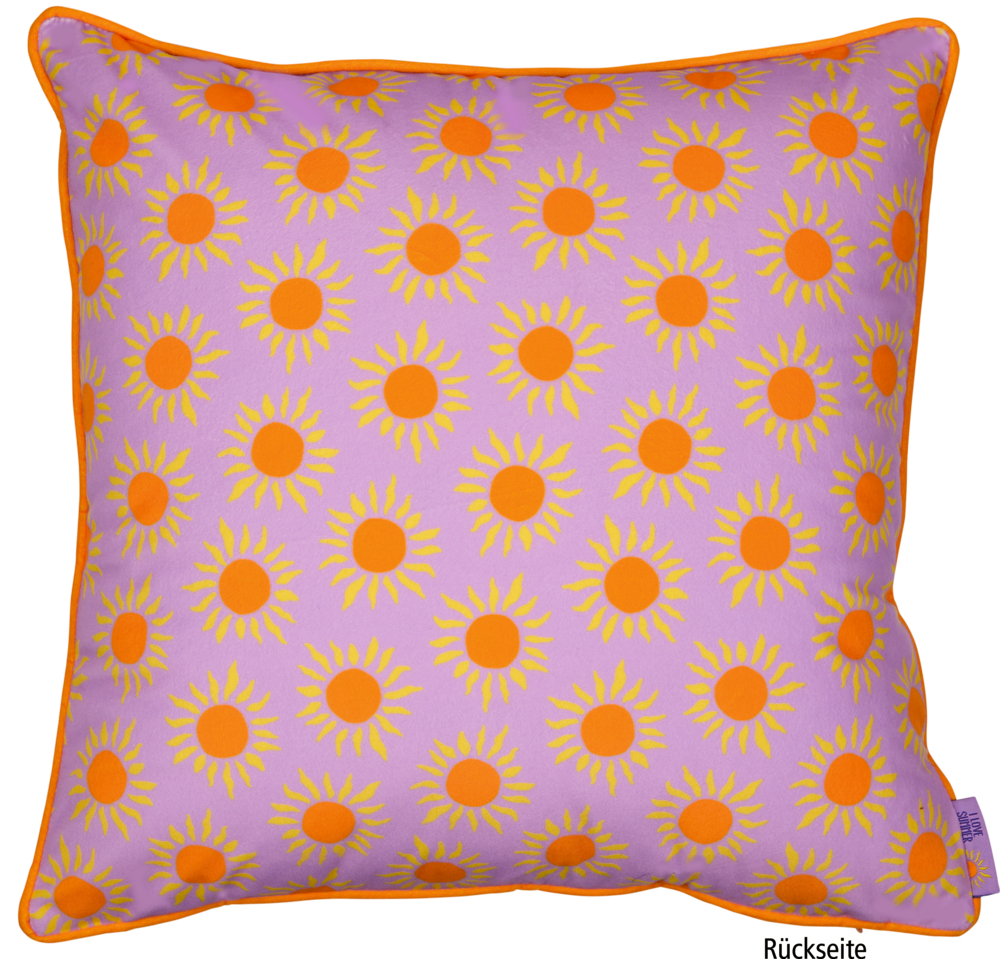 Quadratisches Kissen: rosa mit gelbem Sonnenmuster, orangefarbene Paspel an den Rändern.