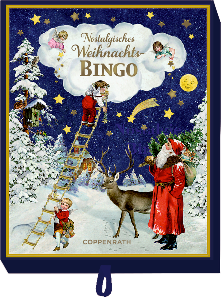 Weihnachtsmann, Kinder, Hirsche, verschneites Haus, Engel unter einem Sternenhimmel. Nostalgisches Weihnachts-Bingo.