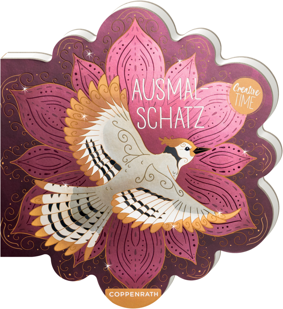 In Blütenform gestanzter Malblock, Vogelzeichnung mit goldenen Akzenten und Text „Ausmalschatz“.