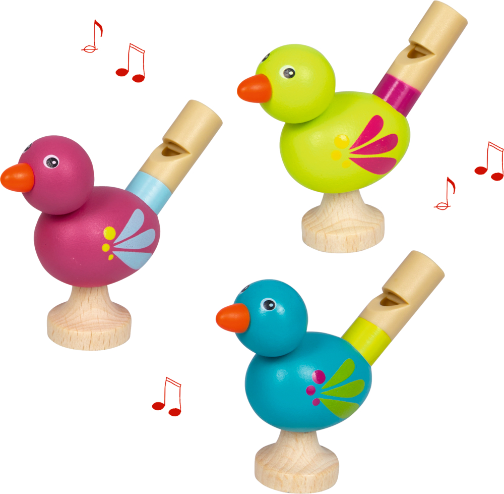 Drei bunte Holzpfeifen in Vogel-Form in Pink, Grün und Blau mit orangefarbenem Schnabel und Holzfuß. Noten drum herum.