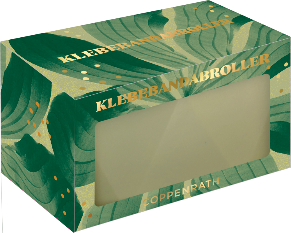 Grüne Verpackung mit goldener Aufschrift „Klebebandabroller“ und Sichtfenster auf der Vorderseite.