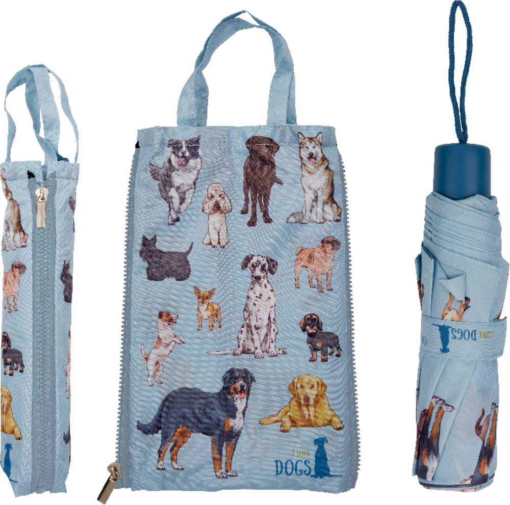 Blauer, geschlossener Taschenschirm mit Hundeillustrationen. Daneben eine gleich gestaltete Tragetasche.