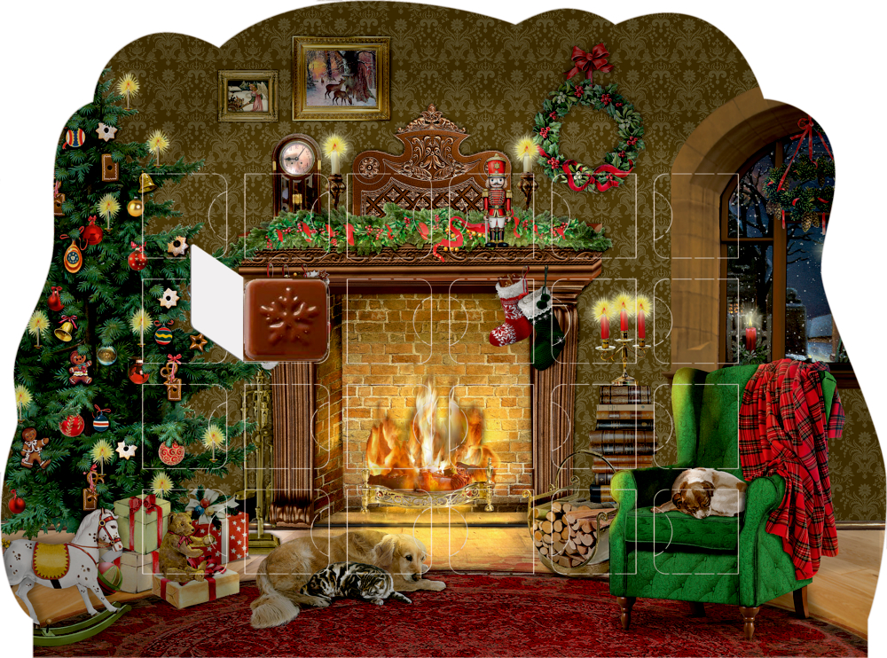 Adventskalender mit Kamin, Weihnachtsbaum, Geschenken, Hund und Katze vor dem Feuer, grünem Sessel und weihnachtlicher Dekoration.
