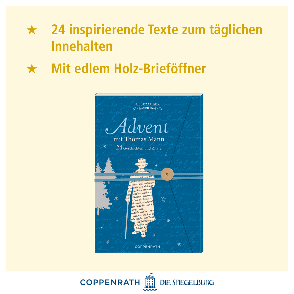 Blaues Buch „Advent mit Thomas Mann“ mit Papierfigur und Holz-Brieföffner, darüber gelber Text mit Produktbeschreibung.