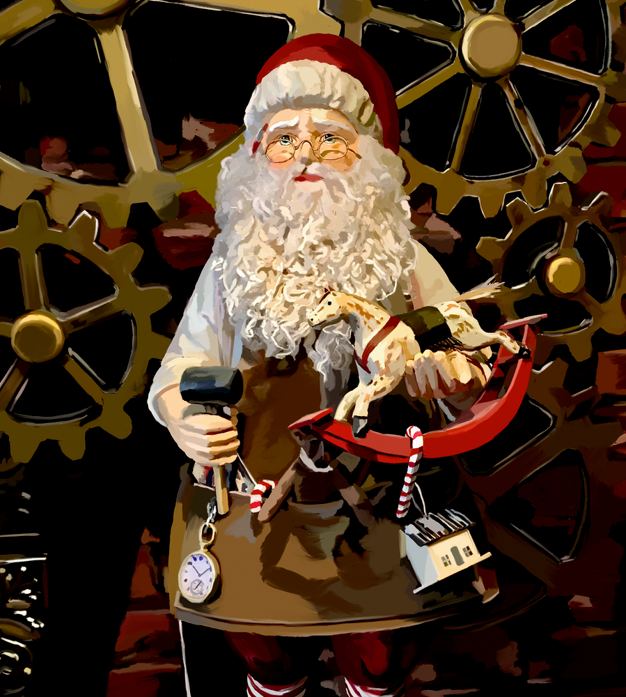 Der Weihnachtsmann mit einem Schaukelpferdspielzeug steht vor großen goldenen Zahnrädern und Maschinen.