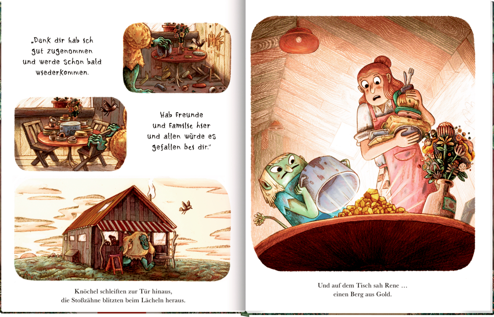 Illustrierte Kinderbuchseiten mit einzigartigen Gerichten und Desserts auf Tellern und in Töpfen.