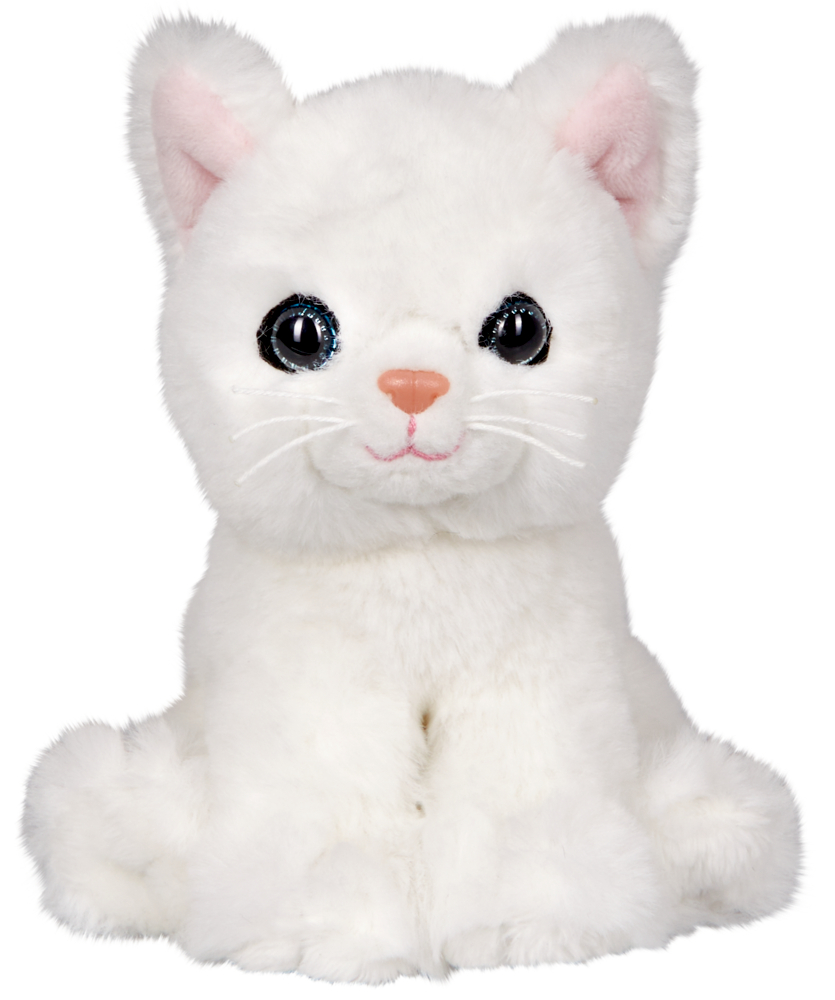 Weiße Plüschkatze mit großen schwarzen Augen, rosa Nase und weichem Fell, aufrecht sitzend.