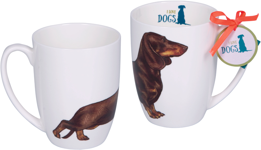 Vor- und Rückseite einer weißen Tassen mit Dackelmotiv, eine mit Aufdruck „I love dogs“ und roter Schleife am Henkel.