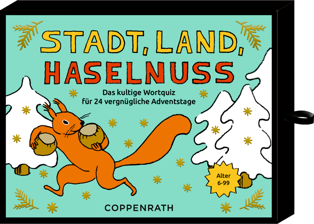 Verpackung eines Adventskalenders mit Eichhörnchen, das zwei Haselnüsse trägt, vor weißen Tannen und gelbem Textfeld „Alter 6–99“.