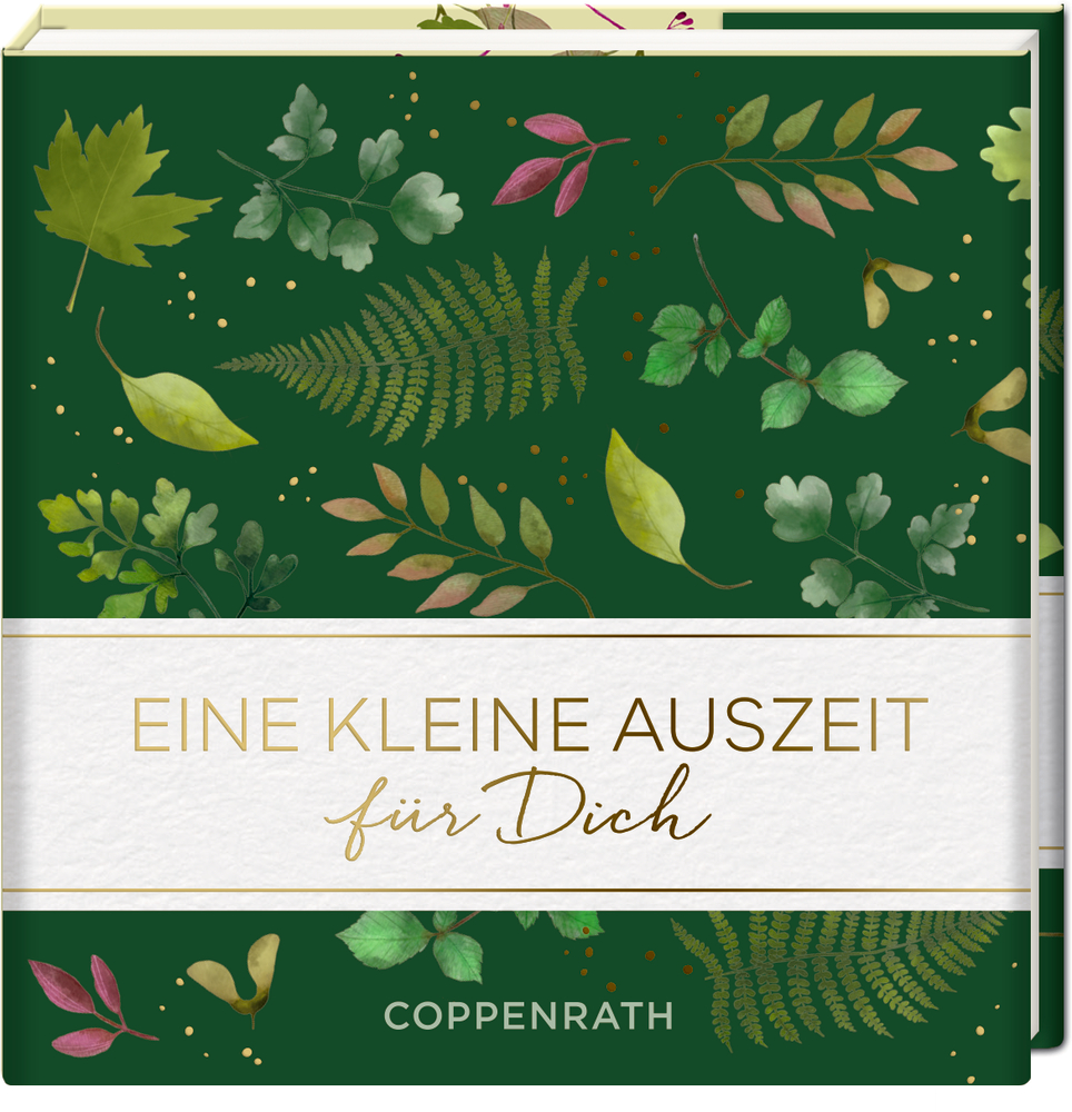 Buch mit grünem Umschlag, Blättermuster und goldener Aufschrift „Eine kleine Auszeit für Dich“.