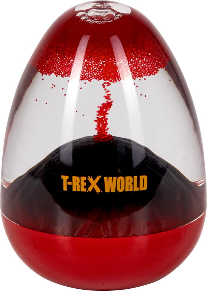 Roter, durchsichtiger, eiförmiger Behälter mit T-REX WORLD-Etikett und wirbelndem Glitzer im Inneren.