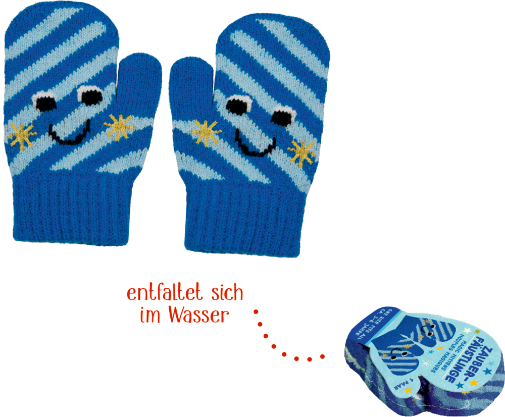 Ein Paar blau-hellblau gestreifte Kinderfäustlinge mit lachendem Gesicht und gelben Strernmotiv, daneben komprimierte Verpackung.
