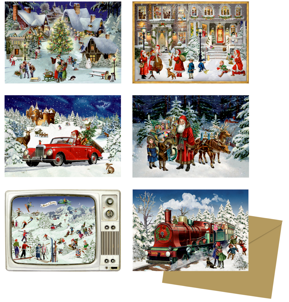 Sechs klassische Weihnachtsszenen: Weihnachtsdorf, spielende Kinder im Schnee, Nostalgische Eisenbahn, Weihnachtsmann im Cabrio und Retro-Fernseher mit Winter-Szenerie – alles in verschneiten Landschaften.
