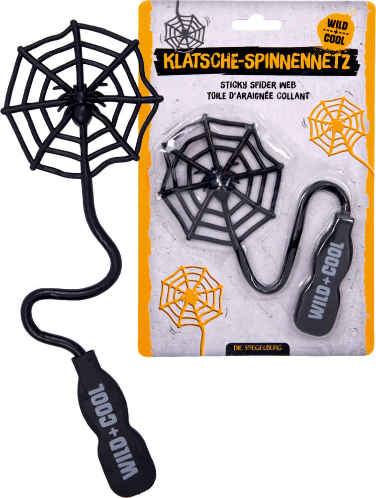 Schwarze Gummi-Klatsche in Form eines Spinnennetzes mit Spinne und gebogenem Griff, Verpackung mit Produktdarstellung.