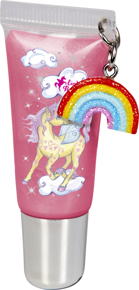 Rosa Lipgloss-Tube mit Einhorn-Design und einem Regenbogen-Anhänger, der an der Kappe hängt.