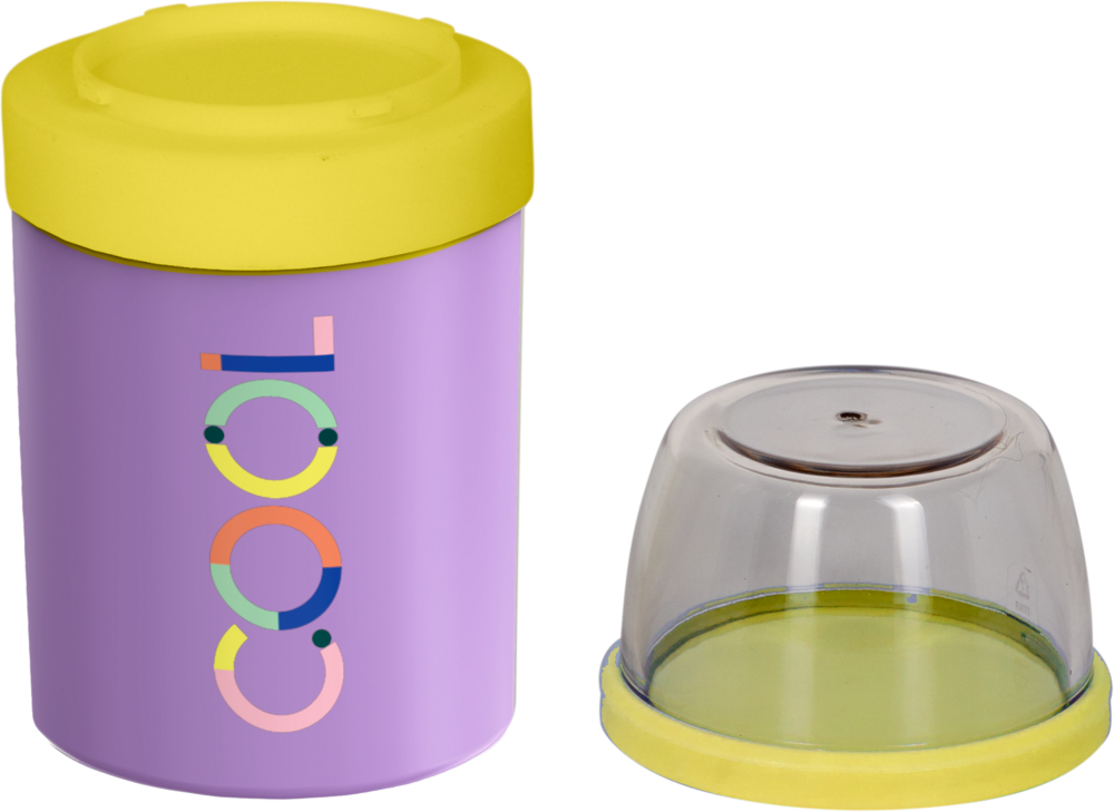 Lila Lunchpot mit gelbem „Cool“-Deckel neben transparentem Deckel mit gelbem Boden.